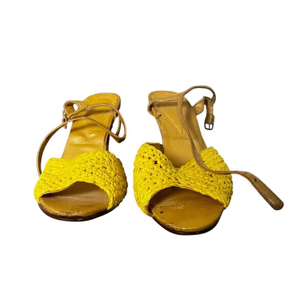 Vintage Yellow Woven Heels | 70s Slingback Sandals Made in Taiwan ROC Size 6.5 - Picture 2 of 4